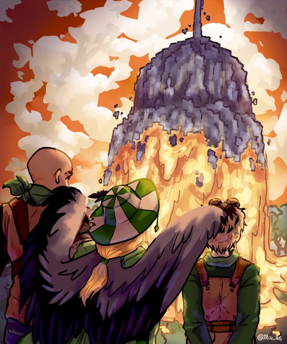 A drawing of Fit, Phil, and Tubbo watching the lava surrounding the building turn to cobblestone.